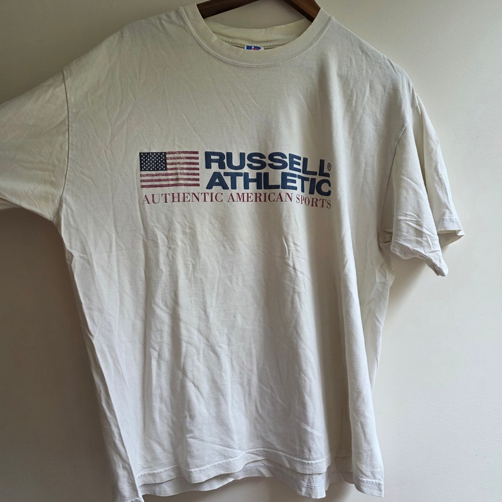 Vintage 90s Y2K Russell Athletic T-Shirt Mens XL Cream American Flag Graphic